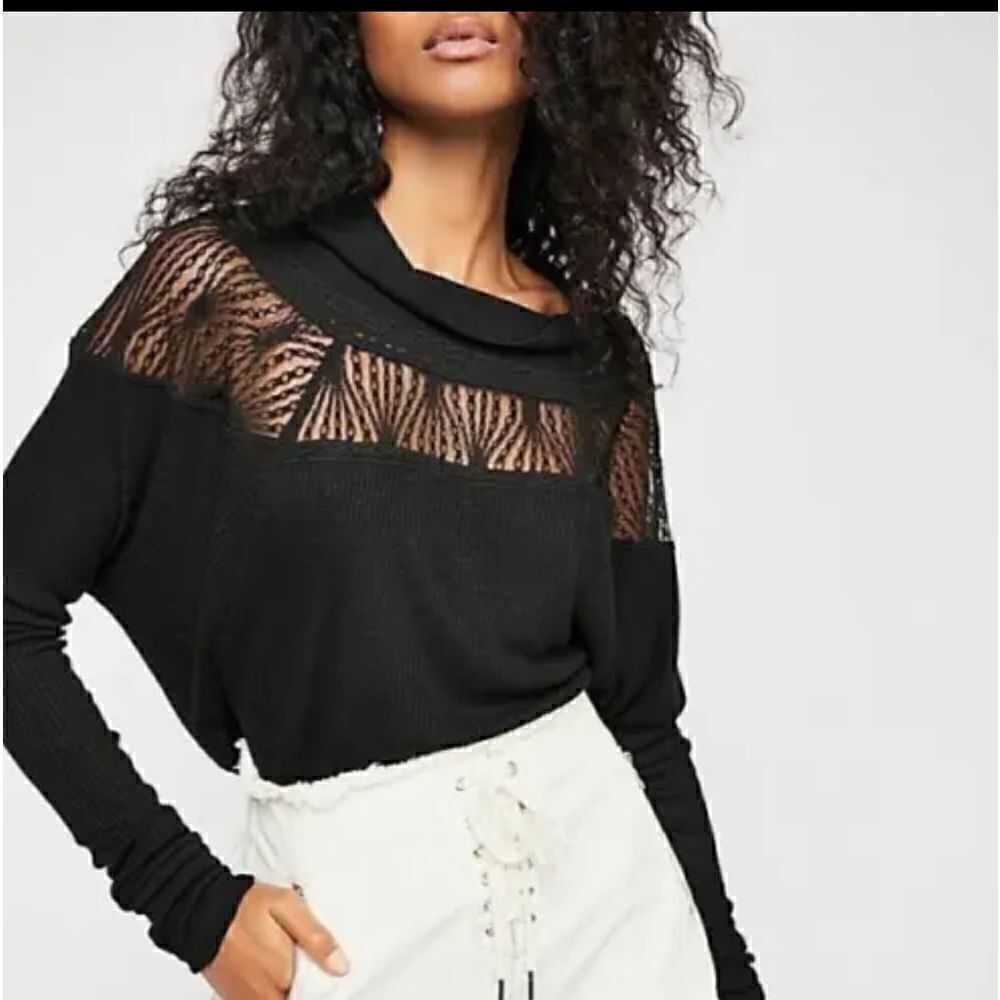 Free People Spring Valley Lace Waffle Knit Thermal Boho Top